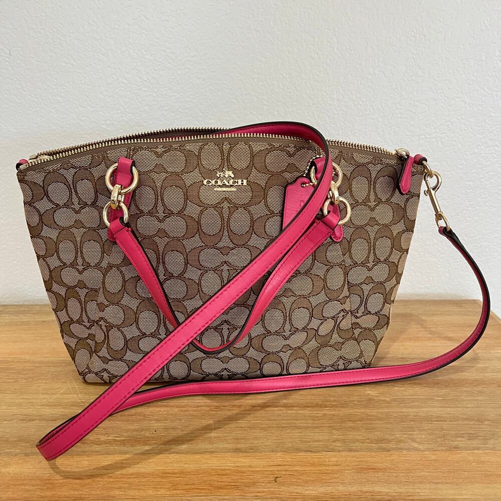 Coach Signature Logo Print Kelsey Bag Purse Canvas Brown Pink Gold Hardware - Picture 2 of 15
